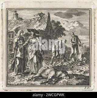 Zwei Frauen in einem ertrunkenen Kalb, Jan Luyken, 1710 drucken Amsterdamer Papierätzkalb. Tod durch Ertrinken (gewaltfrei) Stockfoto