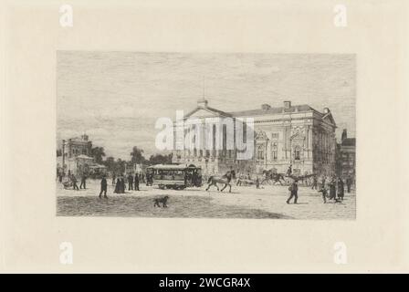 Blick auf den Leidseplein von Amsterdam, Johan Conrad Greive, nach 1877 drucken Ansicht des Leidsepleins von Amsterdam, mit der Stadsschouwburg im Hintergrund. Im Vordergrund eine vorbeifahrende Pferdebahn. Amsterdamer Papierätzstraße (+ Stadt(-Landschaft) mit Figuren, Personal). Fleiß, Omnibus, Pferdebahn Amsterdam. Leidseplein. Stadsschouwburg Stockfoto