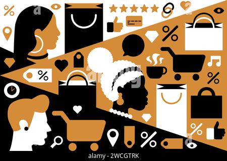 People Shopping Poster in schwarz rot weiß mit Männern und Frauen verschiedener Geschlechter und Nationalitäten wählen Einkäufe und Geschenke aus. Vorlage f Stock Vektor