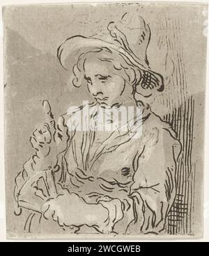 Frau mit Fan, Hermanus Fock, nach Abraham Bloemaert, 1781–1822 drucken Eine Frau mit einem großen Hut und einem Fan in der linken Hand. Sie macht eine Geste mit ihrem rechten Zeigefinger. Druckerei: AmsterdamAfter Zeichnung von: Niederländischer Papierätzer Stockfoto