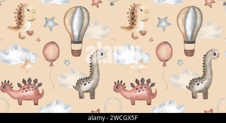 Süße Dinosaurier, Heißluftballons, Wolken, Drachen, Schmetterlinge. Nahtloses Aquarellmuster, Boho-Stil. Handgezeichnet. Textil, Stoff, Tapete, Design. Stockfoto