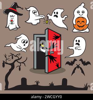 Halloween-Designelemente. Vektorillustration einer Reihe von Zeichentrickfiguren. Stock Vektor