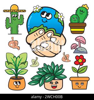 Niedliche Karikaturerde mit verschiedenen Pflanzen und Blumen. Vektorabbildung. Stock Vektor