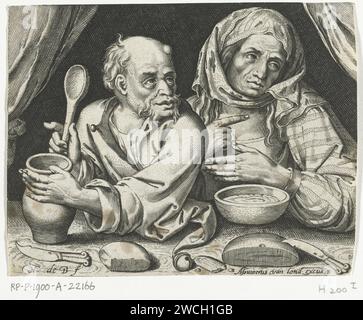 Mann und Frau essen Vater, Nicolaes de Bruyn, 1581 - 1656 Printmann und -Frau sitzen am Tisch und essen Vater aus einem Krug und kommen. Niederlande Papiergravur Essen. Getreide Stockfoto