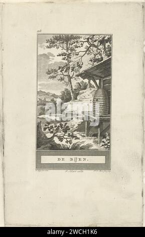 Bijenkorf, Noah van der Meer (II), nach Jacobus kauft, 1778–1785 Druck in einer Landschaft befindet sich ein Bijenkorf unter einem Unterschlupf. Bienen fliegen vor dem Eingang. Amsterdamer Papierätzung Bienenstock. Insekten: Biene Stockfoto