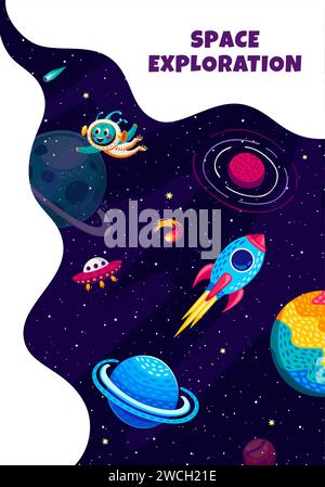 Poster zur Weltraumforschung. Cartoon-Raketen-Raumschiff und Alien mit UFO zwischen Galaxienplaneten und Sternen. Niedliche Alien-Astronauten-Vektorfigur im Fantasy-Raum mit Raumschiff, Feuerkometen und Planeten Stock Vektor
