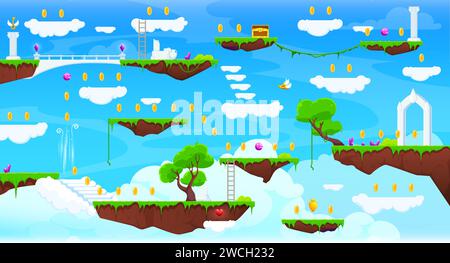 Arcade-Spiel-Level-Karte mit Bodenplattformen und flauschigen Wolken im blauen Himmel Vektor-Hintergrund. Video- oder Computerspieloberflächen, Zeichentrickbildschirm mit schwimmenden Plattformen, Bäume, Gras, Gegenstände Stock Vektor