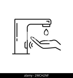 Tap Küche und Bad Automatischer Sensor Wasserhahn Umrisssymbol. Küche Wasserhahn, WC Waschbecken Wasserhahn oder Bad Wassermischer Vektor Symbol. Hausbadeventil Umrissschild mit Wassertropfen und menschlicher Hand Stock Vektor