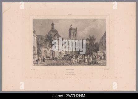 Ansicht der Kirche Saint-Jacques in Dieppe, Isodore-Laurent Deroy, 1834 Druckerei: ParisAfter Zeichnung von: Dieppeprinter: Parispublisher: Pariser Papierkirche (außen). Markt. Dorfplatz, Ort (+ Stadt(-Landschaft) mit Figuren, Personal) Saint-Hippo Stockfoto