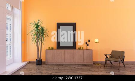 Rahmenmockup auf einer pfirsichfarbenen Wand in einem Wohnzimmer, 3D-Renderdesign. Stockfoto