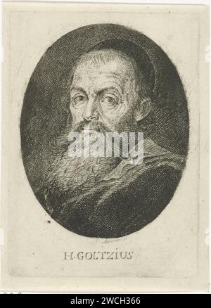 Portret van kunstenaar Hendrick Goltzius, Joseph Meurer, nach Jacob Matham, nach Hendrick Goltzius, 1750–1817 Print Deutschland Papier Radierporträt, Selbstporträt des Künstlers Stockfoto