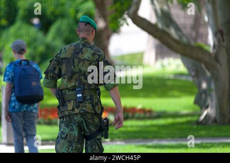 Prag, Tschechische Republik - 15. Juni 2018: Soldaten patrouillieren im Park bei der Burg Hradcany. Stockfoto