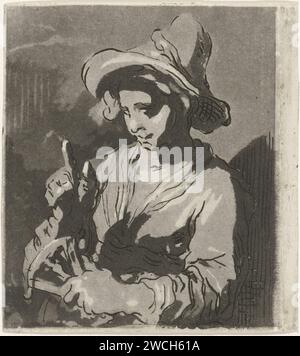 Frau mit Fan, Hermanus Fock, nach Abraham Bloemaert, 1781–1822 drucken Eine Frau mit einem großen Hut und einem Fan in der linken Hand. Sie macht eine Geste mit ihrem rechten Zeigefinger. Druckerei: AmsterdamAfter Zeichnung von: Niederländischer Papierätzer Stockfoto