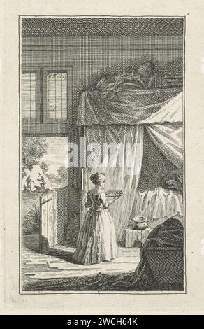 Rotkäppchen und de Wolf, Simon Fokke, nach G. Edelinck, 1754–1784 Druck Rotkäppchen steht vor dem Bett, in dem der wütende Wolf als ihre Großmutter gekleidet ist. Durch die offene Tür sehen Sie zwei Holzabdeckungen. Dieser Druck ist von der Geschichte des Rotkäppchens und des Wolfs aus „Blicke der Mutter von Gans - Contes du tems passé de Ma Ma Mere l’Oye“ von Charles Perrault gefertigt. Amsterdamer Papierätzbett. Märchen und Märchen: Rotkäppchen Stockfoto