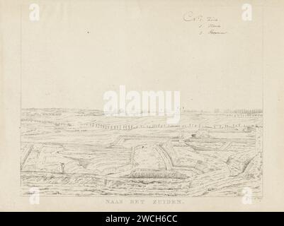 Blick auf die Landschaft südlich von Nijmegen, Derk Anthony van de Wart, 1815 - 1824 Druck Rollende Landschaft südlich von Nijmegen mit einer Mauer. In der Entfernung sind die Städte Cuijk, Mook und Boxmeer mit Zahlen gekennzeichnet. Der Druck ist Teil einer Reihe von neun Drucken, einschließlich des Titeldrucks. Nijmegen-Papier. Tintenätzung/Stiftlandschaft. Zaun, Mauer, Blässe Nijmegen Stockfoto