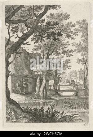 Landschaft mit Bauernhof und Graben mit Brücke, Cornelis Galle (II), 1638 - 1678 Druck Antwerpener Papierstich Bauernhof oder einsames Haus in Landschaft Stockfoto