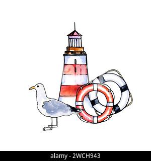 Aquarell handgezeichnete Komposition mit Leuchtturm, verschiedenen gestreiften Rettungsleinen und Seevögeln, Meeresillustration, rote und blaue Farbe isoliert auf weiß Stockfoto