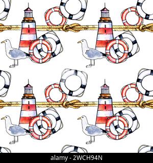 Aquarell handgezeichnete Komposition mit Leuchtturm, verschiedenen gestreiften Rettungsleinen und Seevögeln, Meeresillustration, rote und blaue Farbe isoliert auf weiß Stockfoto