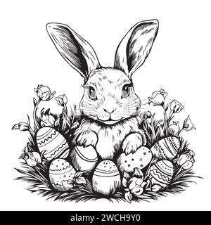 Osterhase in Blumen, Eiern und Frühlingsblumen umrahmen Kritzelung schwarz-weiße Vektor-Illustration für Malvorlagen oder Osterkarten Design. Stock Vektor