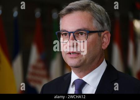 Brüssel, Belgien Januar 2024. Finanzminister Magnus BRUNNER kommt zur Teilnahme am Rat Wirtschaft und Finanzen am Europäischen Rat am 16. Januar 2024 in Brüssel (Belgien). Quelle: ALEXANDROS MICHAILIDIS/Alamy Live News Stockfoto