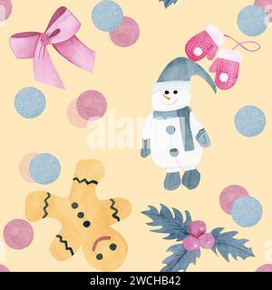 Aquarell nahtloses Muster Sammlerset von Weihnachtsdekorationen: Schneemannhandschuhe, Bogen, Lebkuchenmann, stechpalme auf gelbem Hintergrund hervorgehoben Stockfoto