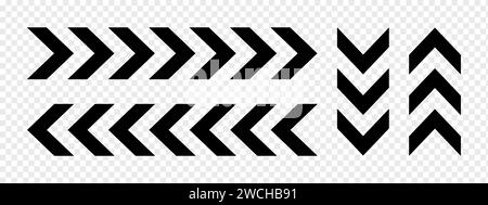 Satz horizontaler und vertikaler Chevron-Pfeile. Ornamente mit wiederholten V-förmigen Streifen. Straße, Militär, Armee, Zeiger, Navigation links und rechts, Schilder auf und ab. Illustration der Vektorabwicklung Stock Vektor