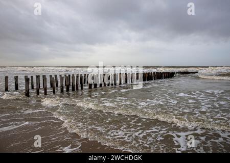 Goyne am Strand zwischen Oostkapelle und Domburg auf Walcheren, Zeeland, Niederlande. Buhne am Strand zwischen Oostkapelle und Domburg auf Walcheren Stockfoto