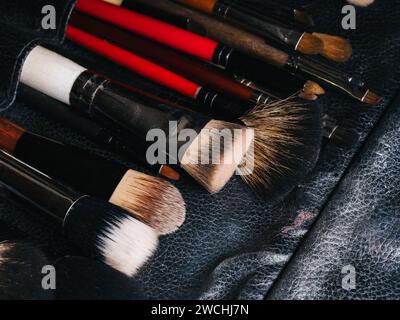 Satz professioneller Make-up-Pinsel in schwarzer Ledertasche, Nahaufnahme Stockfoto