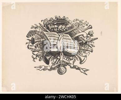 Musikinstrumente und eröffnetes Musikbuch, Hendricus Joannes Petrus Hanau, 1850 - 1878 Druck niederländische Papier Musikinstrumente; Gruppe von Musikinstrumenten. Gedruckte Ausgabe der Musicalpartitur Stockfoto