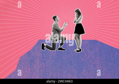 Collage-Bild von zwei idyllischen schwarz-weißen Effektpartnern Guy Stand Kniehalter Verlobungsring erstauntes Mädchen isoliert auf gemaltem rosa Hintergrund Stockfoto