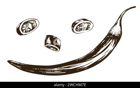 Chili-Vektor-Illustration von Cayennepfeffer. Heißer Pfeffer im Stil der Gravur, Zutat der mexikanischen Küche. Der ganze Strang und die Stücke Stock Vektor
