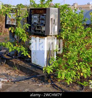 Alte, verlassene Gaspumpe, an einer stillgelegten Station, rostig, mit Nummernrädern, langsam von der Natur übernommen Stockfoto