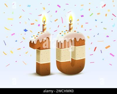 Happy Birthday, Person Geburtstag Jahrestag, Kerze mit Kuchen in Form von Zahlen 10. Vektor Stock Vektor