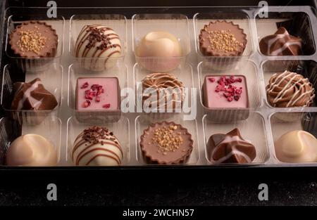 Fotosortiment an Pralinen, jede ein entzückendes und süßes Vergnügen. Diese Sorte bietet eine perfekte Dessert-Auswahl und ist somit ein ideales Geschenk. Heilung aufheben Stockfoto