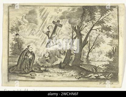 Heiliger mit Vision Christi, Frederik Bouttats (I), 1807 Druck Ein zu identifizierender heiliger (wahrscheinlich des Jesuitenordens) erhält eine Vision Christi in einer waldreichen Umgebung. Er kniet und faltet seine Hände vor seiner Brust, während er aus den Wolken aufbricht und das Christuskind mit dem Kreuz in den Händen auf ihm erscheint. Cherubies fliegen um die Wolken. Oben in den Wolken das Monogramm Christi (IHS). Auf der Verso eine Gebetskarte aus dem Jahre 1807 für Henricus-Josephus Lunden aus Antwerpen Papierstich Christuskind mit dem Kreuz. Vision. Regelmäßige Kleriker, z.B. Jesuiten, Redemptori Stockfoto