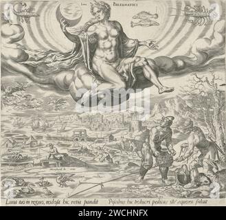 Felmatic Temperament, Harmen Jansz Muller, nach Maarten van Heemskerck, 1566 Druck Luna, der Mond, sitzt auf einer Wolke und hält die Sichel in der Hand. Über ihr befinden sich drei Tierkreiszeichen: Skorpio, Fisch und Hummer, die zum Element Wasser passen. Unter ihr, auf Erden, die Menschen mit einem phlegmatischen Temperament, die von ihr regiert werden. Rechts sind Entenjäger und im Hintergrund arbeiten Fischer und Seeleute. Am unteren Rand ein lateinischer Text über den Phlegmatikern und Luna. Antwerpener Papiergravur phlegmatisches Temperament. Diana als Mondgöttin, d.h. Luna (Selene). Stockfoto