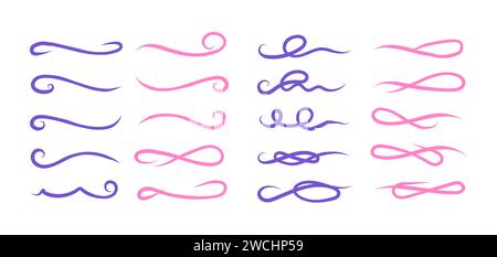 Hervorhebung der Buntstifte. Streichen Sie durch farbige Kohlelinien. Kritzeln Sie freihändig verschiedene geschwungene Unterstriche, Kreuze und Ovale. Horizontal handgezeichnet m Stock Vektor