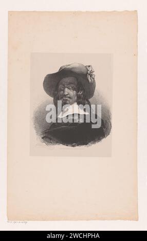 Porträt eines unbekannten Mannes im Kostüm des 17. Jahrhunderts, Willem Pieter Hoevenaar, 1818–1863 Druck der dargestellte sieht über seine Schulter. Der Mann hat lange Haare an den Schultern, einen Spitzbart und einen Schnurrbart. Er trägt einen Hut mit einer Schleife. Utrecht-Papier. Historische Personen (+ (Vollporträt). Über die Schulter schauen Stockfoto