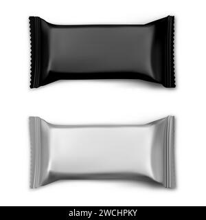Schokoladenriegel-Mockup. Unbelegte Kekse-Snack-Verpackung. Folientasche für Süßigkeiten, Energieriegel Polyethylen-Verpackungsschablone für Logo- und Markenwerbung und Abschlussball Stock Vektor