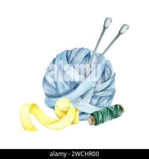 Aquarell handgezeichnete bunte Garnbällchen mit Stricknadeln, Nadeln und Haken. Blauer Wollknäuel, Garn, herbstliche warme Komposition für Wolle Stockfoto