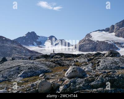 Ein Bergsteiger steht in einer grönländischen Felsenlandschaft und blickt über einen Gletscher. Stockfoto