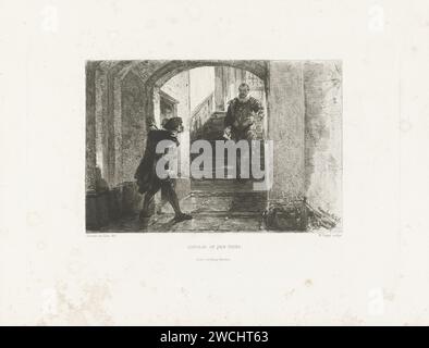 Attack on the Prins, 1584, William Unger, nach Herman Frederik Carel Ten Kate, 1871–1873 Druck der Prinz von Orange in Delft ermordet von Balthasar Gerards, 10. Juli 1584. Im Moment vor dem Schuss: Willem van Oranje geht die Treppe hinunter, Balthasar Gerards wartet unten auf ihn. Druckerei: Germanyprinter: Münchner Papierätzversuch, politischer Mord Prinsenhof Stockfoto