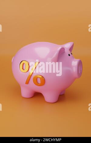 Schweinebank mit goldenem Prozentzeichen auf orangem Hintergrund. 3D-Abbildung. Stockfoto