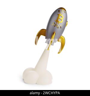 Cartoon-Raumflugzeug mit Bitcoin ETF-Spot-Schild, das isoliert auf weißem Hintergrund abhebt. 3D-Abbildung. Stockfoto