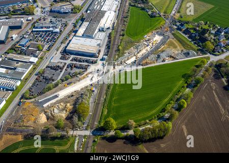 Luftaufnahme, Südkamener Spange, Baustelle mit Neubau und Unterführung, Anschluss an Dortmunder Straße und Westicker Straße, Bahntrasse Stockfoto