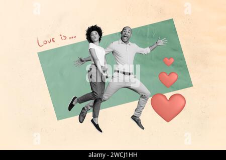 Fotocollage in voller Länge von funky Paar in Liebe springendes Trampolin genießt ihre Beziehungen Harmonie isoliert auf grünem Hintergrund Stockfoto