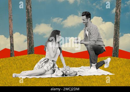 Artwork Collage Bild von schwarz weiß Effekt Guy Stand Knie halten Verlobungsring machen Vorschlag erstaunte Mädchen Picknick Decke Bäume Wolken Himmel Stockfoto