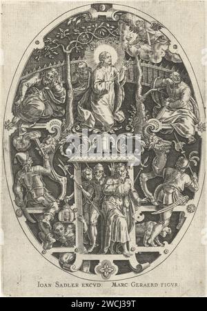Christus im Garten von Getsemane, Johann Sadeler (I), nach Marcus Gheeraerts (I), 1560–1600 drucken der betende Christus und die schlafenden Apostel im Garten von Getsemane. Ein Engel kommt, um ihn zu trösten. Im stehenden Oval mit Ornament. Judas kommt mit den Getsemane-Soldaten im Vordergrund. Der zweite Druck einer dreizehnteiligen Serie von Ornamentdrucken über die Passion Christi. Unbekannter Papierstich Gethsemane, Ölberg, 'Oelberg' (Matthäus 26:36-56; Markus 14:32-52; Lukas 22:39-53; Johannes 18:1-12). Ornamente  Kunst. Das Gebet Christi im Garten Gethsemane während der Nacht Stockfoto