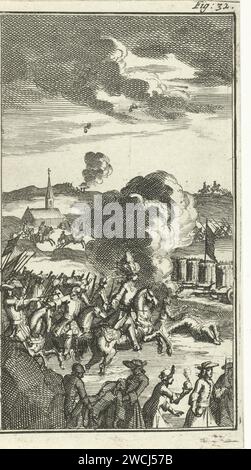 Battle of the Boyne, 1690, Jan Luyken, 1691 Print oben rechts markiert: Abb. 32. Druckerei: Amsterdampublisher: Die Haager Papierätzung Schlacht (+ Landstreitkräfte) Boyne Stockfoto