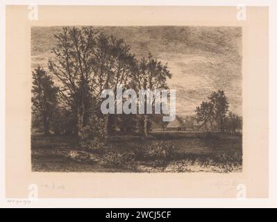 Landschaft mit vier Weiden und einem Bach, Alfred Elsen, 1881 Druckpapier-Ätzfarm oder Einzelhaus in Landschaft. Bäume: weide. brook Stockfoto